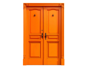 Vivid orange double doors with ornate trim and black handles, isolated on black
