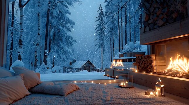 Snowfall in a cozy cabin with fireplace and forest view