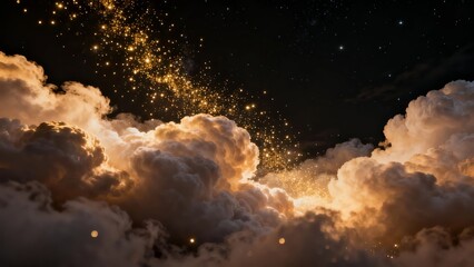 A mesmerizing night sky filled with golden stars and fluffy clouds illuminated by a warm, ethereal glow.