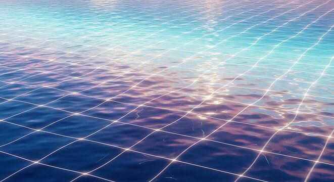 Digital grid overlay on shimmering water surface background for technology - Powered by Adobe