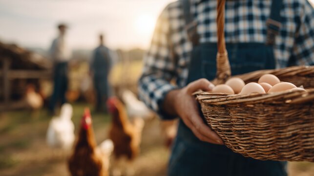 Farmer holding a basket of fresh brown eggs in the warm sunlight of a rural farm