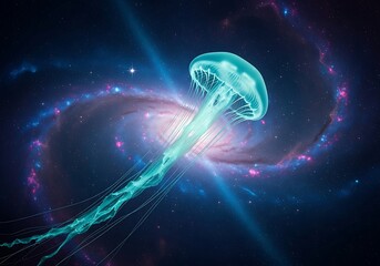 Celestial jellyfish dances through a vibrant cosmic nebula landscape vision