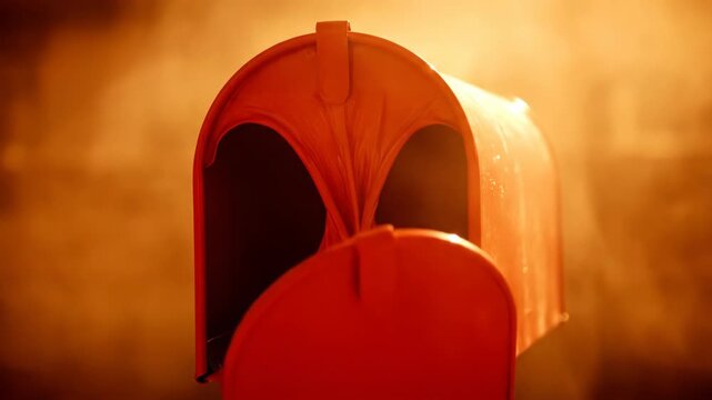 Red metal mailbox standing outdoors, emitting steam in a warm, atmospheric setting, conveying urgent communication, important message delivery, or heated discussions