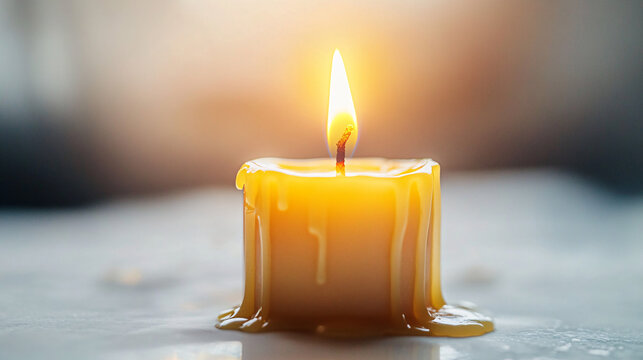 Warm glowing candle flame melts wax creating peaceful ambiance for relaxation and meditation