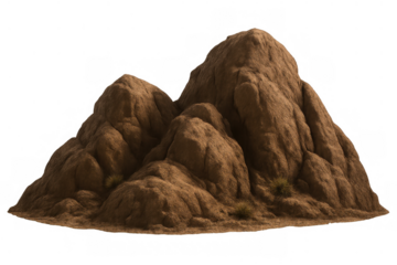 Group of brown rocks forming a hill on an arid landscape, with a few dry grasses and transparent background