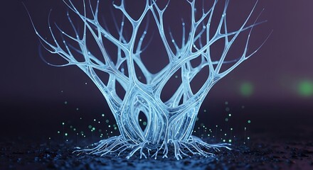 Abstract glowing blue digital network structure resembling a futuristic tree.