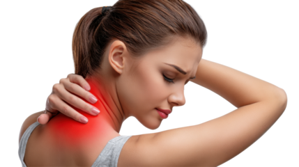 Agony in Anatomy: A woman expresses her suffering, her hand tenderly caressing her pained neck, illustrating the poignant reality of physical strain and its impact on one's well-being. 