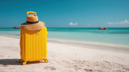 Ready for a Summer vacation. Yellow Suitcase at The Tropical Beach with Straw Hat. Summer vacation