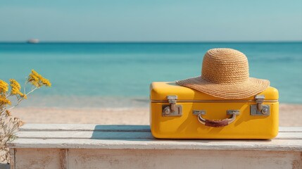 Ready for a Summer vacation. Yellow Suitcase at The Tropical Beach with Straw Hat. Summer vacation