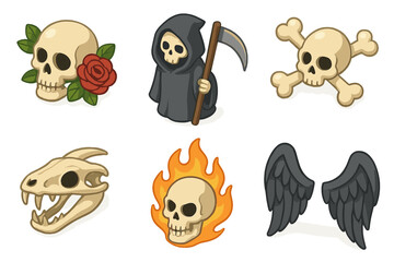 Obraz premium Collection of skull and grim reaper illustrations with wings and fire elements