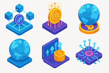 Isometric blockchain and cryptocurrency icons: global finance and technology concepts