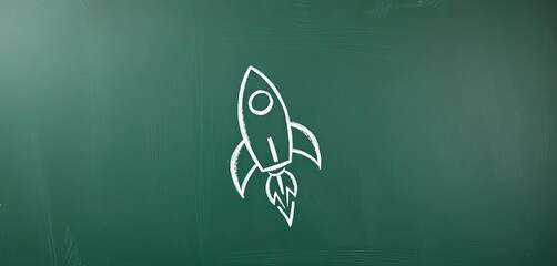 A whimsical rocket ship sketched in chalk on a dark green blackboard, ready for a new school year,   vintage,   planets