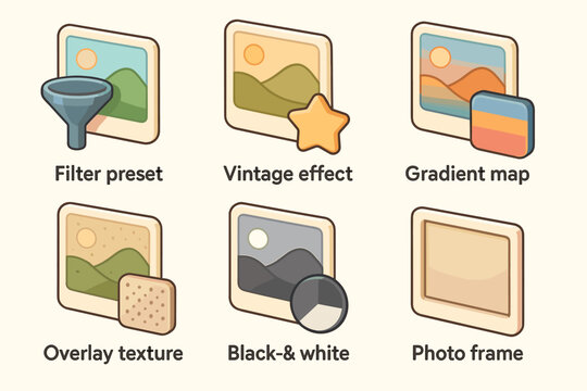 Image editing icons: filter preset, vintage effect, gradient map, overlay texture, black-and-white, photo frame