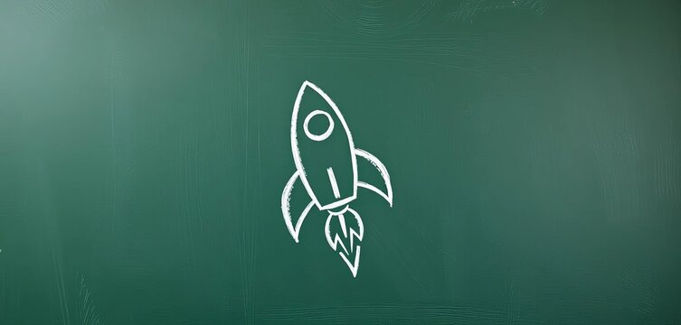 A whimsical rocket ship sketched in chalk on a dark green blackboard, ready for a new school year,   vintage,   planets