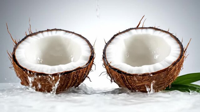 Coconut Halves Splashed with Water - A halved coconut sits on a white surface as water splashes against and through the two pieces.