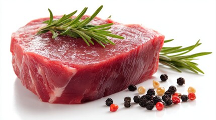 Raw beef steak with rosemary and peppercorns on white background