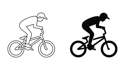 Naklejka premium Stylized vector illustration of a bmx rider, presented as both a clean outline and a striking solid black silhouette, perfect for sports design.