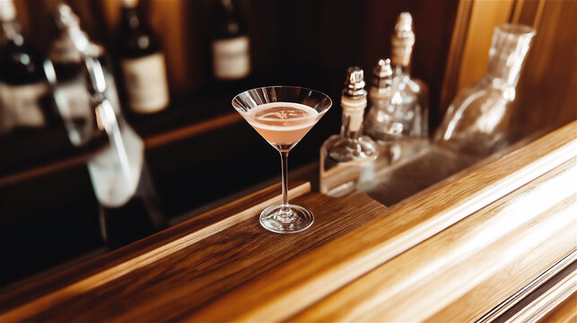 Martini cocktail on wooden bar counter with bottles in background. Elegant triangular glass with clear alcoholic drink served in upscale establishment with warm atmospheric lighting.