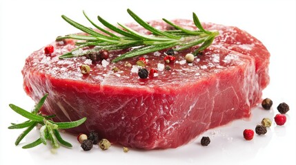 Raw beef steak with rosemary and peppercorns on white background