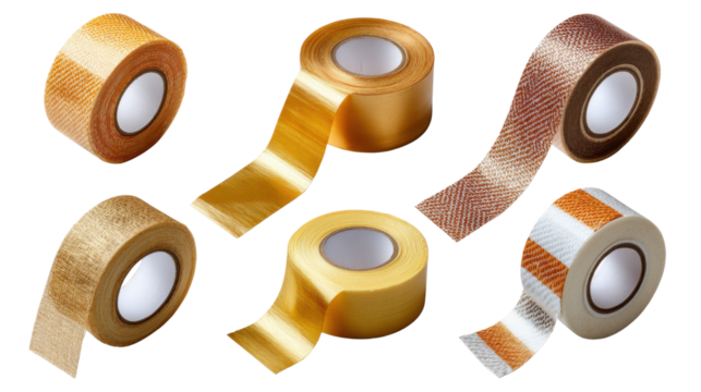Tape Rolls Showcase: A close-up studio shot presents an assortment of tape rolls with diverse materials. revealing their textures and applications.