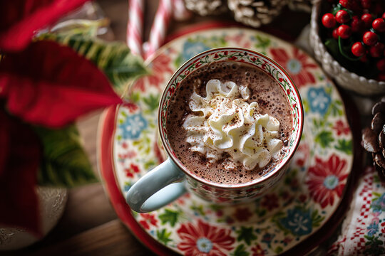 Indulge in cozy winter warmth with a decadent hot chocolate topped with fluffy whipped cream and a sprinkle of cinnamon