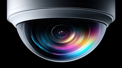 Dome security camera with colorful lens flare on a black background