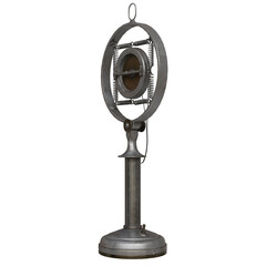 Vintage microphone with round base and metallic finish showcasing intricate design and detailed craftsmanship