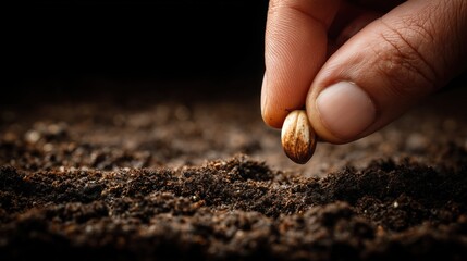 Hand planting a single seed into dark, fertile soil for future growth