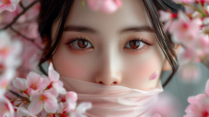 Fototapeta premium Fantasy Portrait of a Beautiful Woman Surrounded by Cherry Blossoms