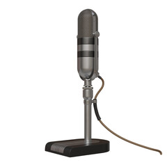 Gray mic with sleek metal body and vintage design on a black stand with attached cable at studio...