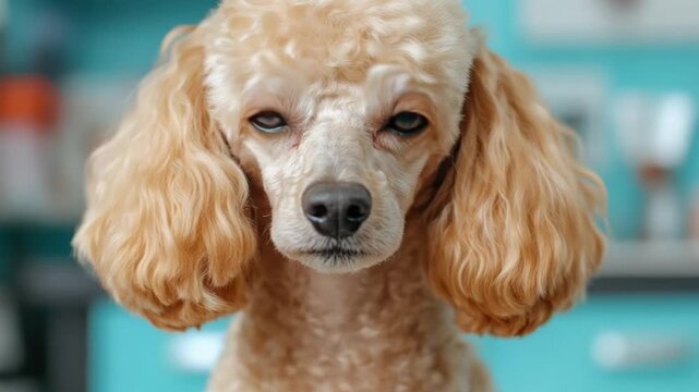 selective focus pet groomer carefully trimming fluffy poodle in modern grooming salon