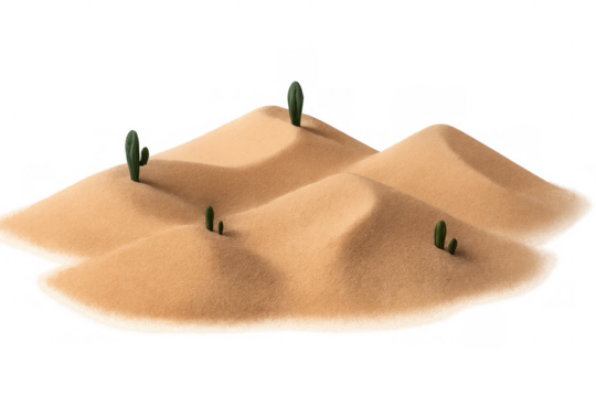 Desert sand dunes with growing cacti, arid landscape environment on transparent background