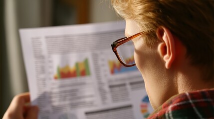 Casual professional analyzing colorful charts and data report