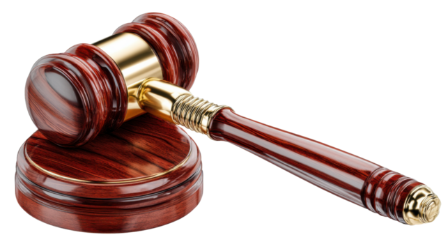 Gavel of Justice: A close-up shot of a meticulously crafted gavel resting on a wooden sound block, symbolizing law and order, justice, and the authority of the court. - Powered by Adobe