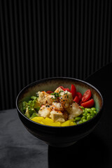 Poke bowl with chicken, tofu, yuuyama and vegetables isolated for menu