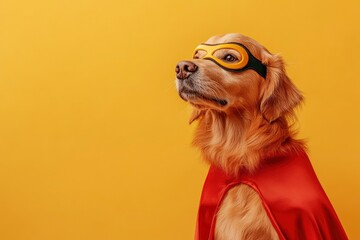 Funny red dog dressed as a superhero poses confidently