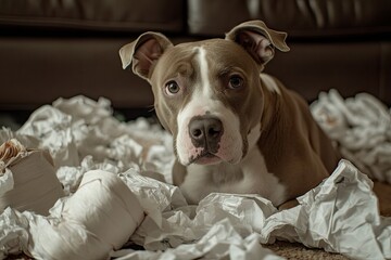 Cute guilty dog sitting amid toilet paper chaos