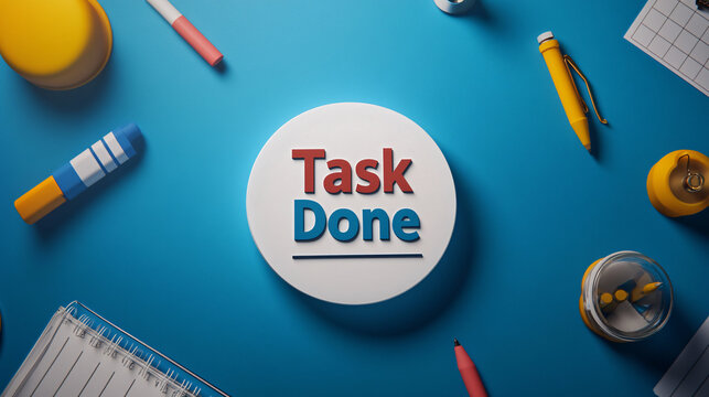 Celebrate achievement with a vibrant 'Task Done' message surrounded by office essentials