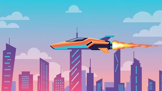 Futuristic Spaceship Flying Over Modern City Skyline with Vibrant Colors and Dynamic Motion.