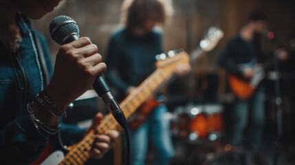 People in the band are practicing music with the singer's microphone.