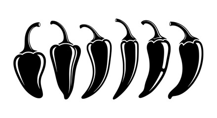 set of 6 chili, black and white, vector style, isolated on white