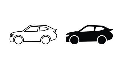 Fototapeta premium Outline and solid black vector icons of a modern compact car or suv, representing transport, mobility, and automotive design on a clean white background.