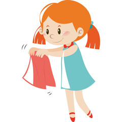 Young Girl With Red Hair And Blue Dress Holding Red Cloth Isolated On Transparent Background Smiling Happily