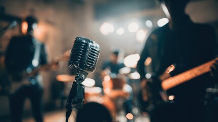 People in the band are practicing music with the singer's microphone.