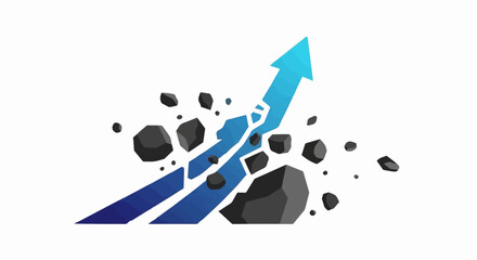 Blue arrow breaks through obstacles, symbolizing progress and overcoming challenges.