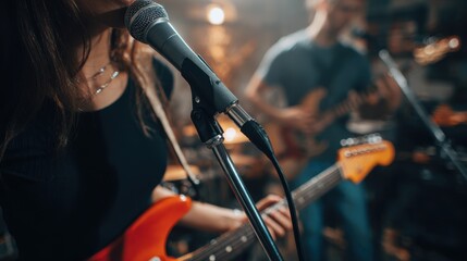 People in the band are practicing music with the singer's microphone.
