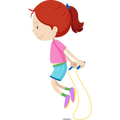 Young Girl With Red Hair Jumping Rope Enthusiastically Wearing Pink Shirt Blue Shorts And Purple Shoes On A White Background