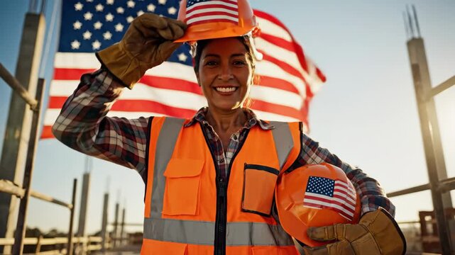 Patriotic Construction Worker - A smiling female construction worker in a hard hat and safety vest proudly holds two hard hats with American flag stickers, standing in front of an American flag