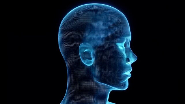 A digital wireframe of a human head glowing in blue, symbolizing AI, virtual reality, and technological advancements. 4k Video footage