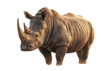 Majestic Rhinoceros: A solitary rhinoceros, its impressive horn and rugged hide stand out against an out-of-context backdrop, embodying the wild beauty and strength of the animal kingdom.